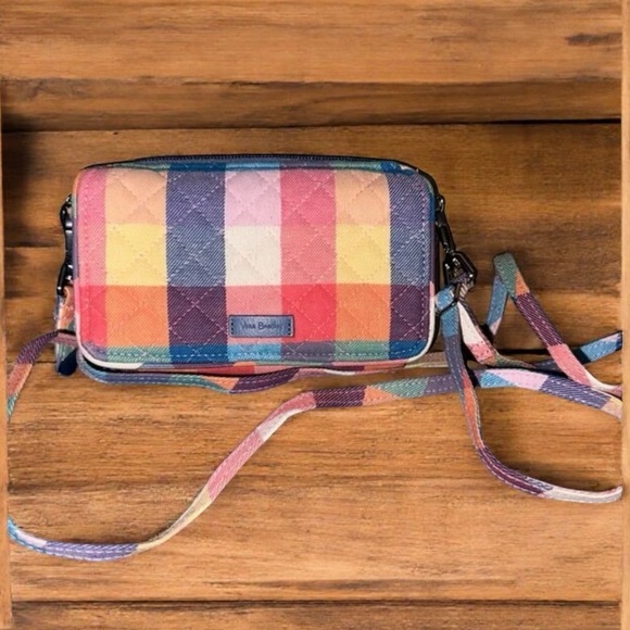 Vera Bradley All in One Crossbody Tropics Plaid Wallet and ID Badge Coin Purse - Picture 2 of 9